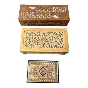 3 Ornate Folk Art Undamaged Boxes, 2 Hinged 1 Lift Off Lid